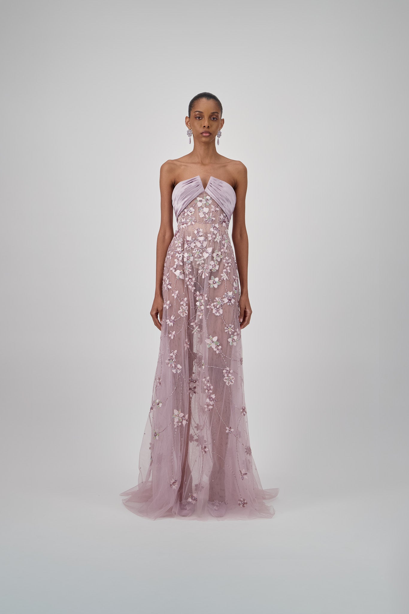 Beaded Floral Tulle Long Dress