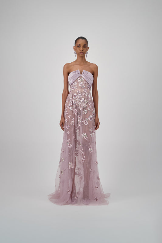 Beaded Floral Tulle Long Dress