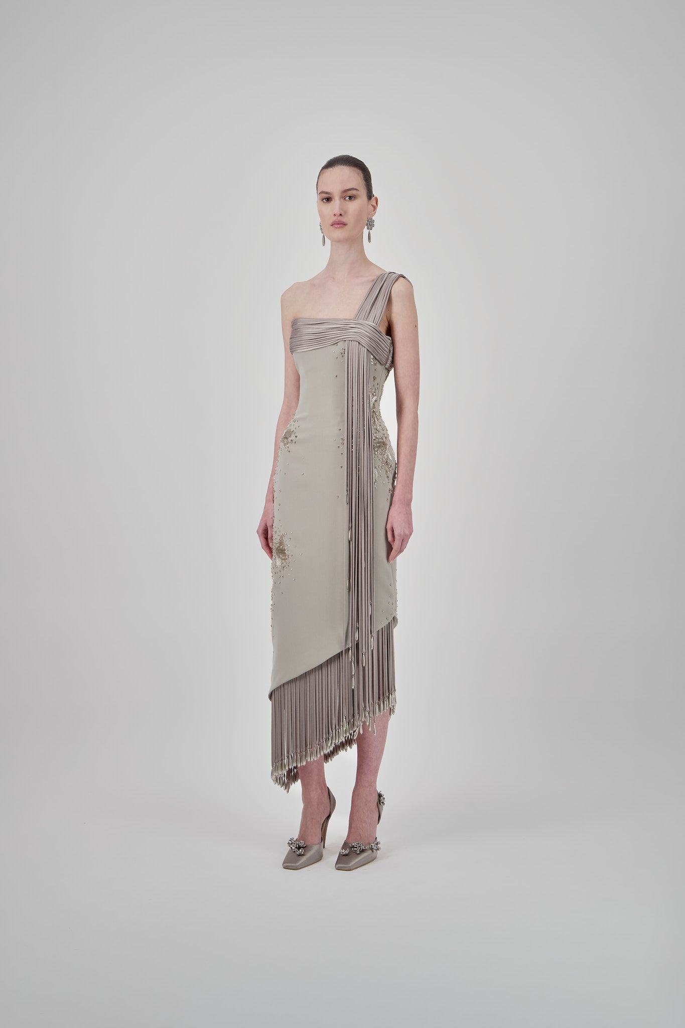 One-Shoulder Crepe Midi Dress