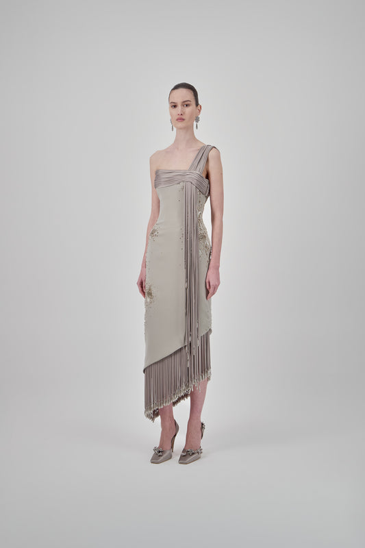 One-Shoulder Crepe Midi Dress