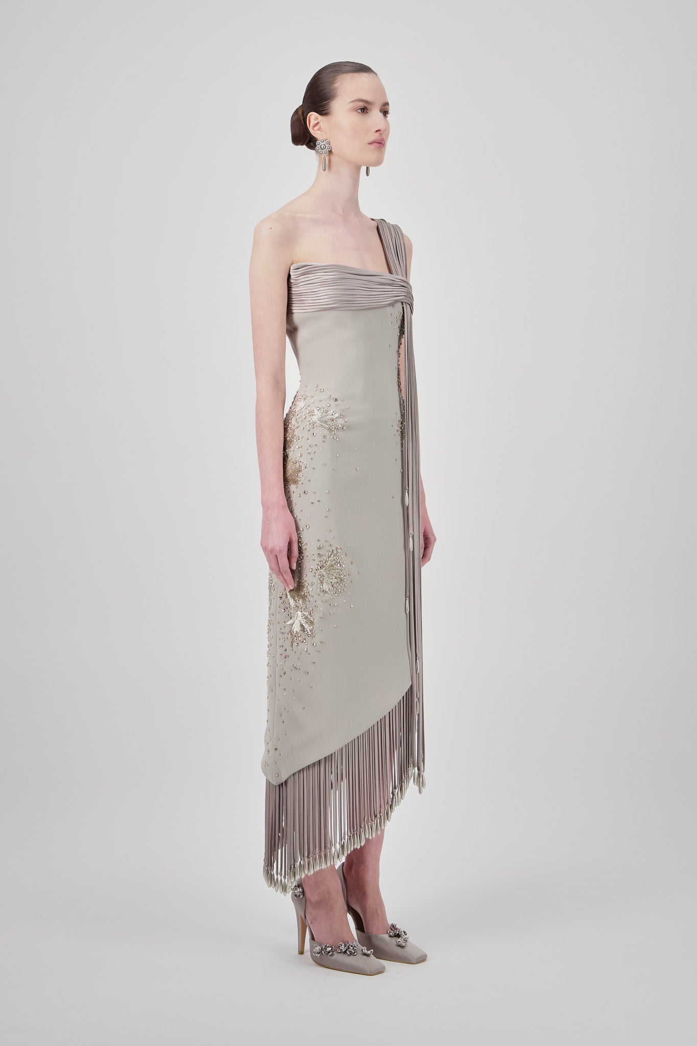 One-Shoulder Crepe Midi Dress