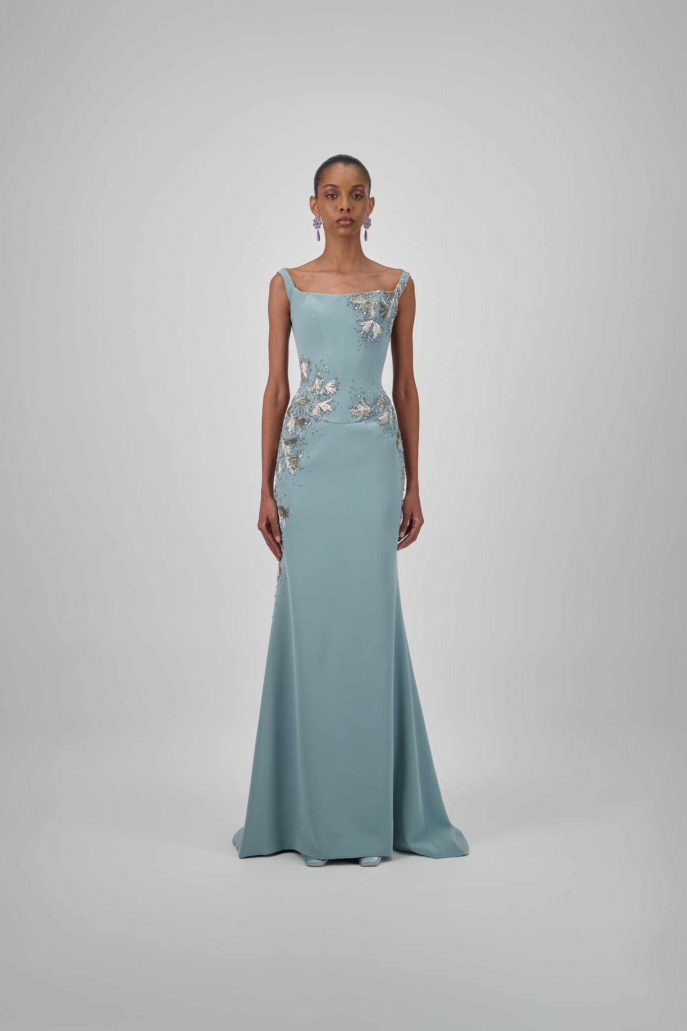 Wide Shoulder Crepe Long Dress