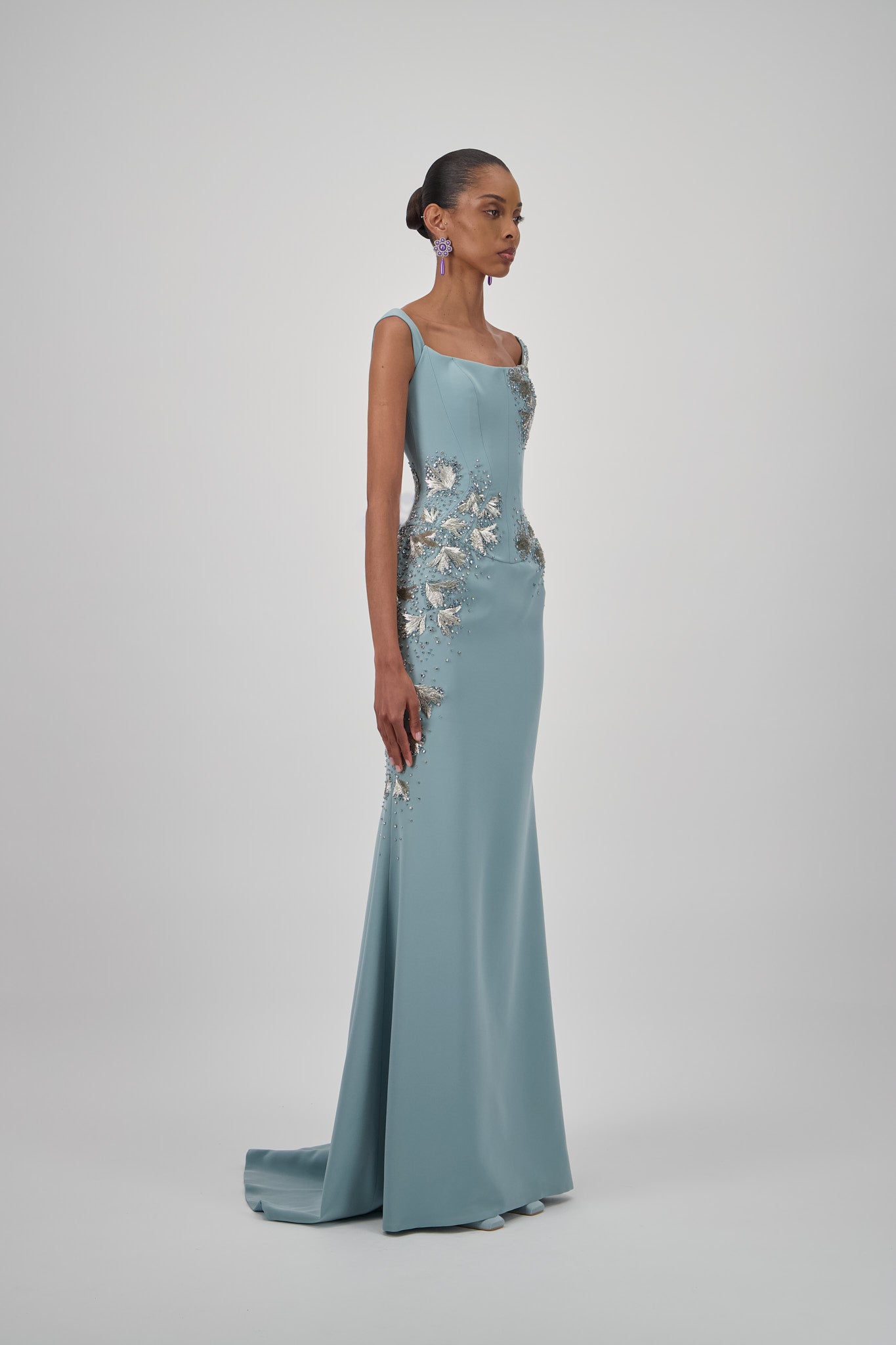 Wide Shoulder Crepe Long Dress