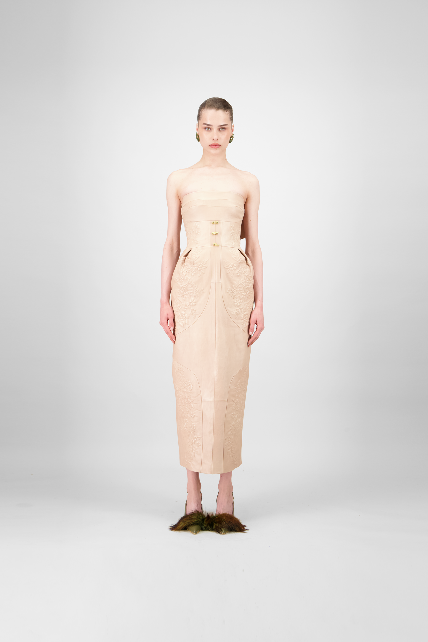 Strapless Leather Midi Dress