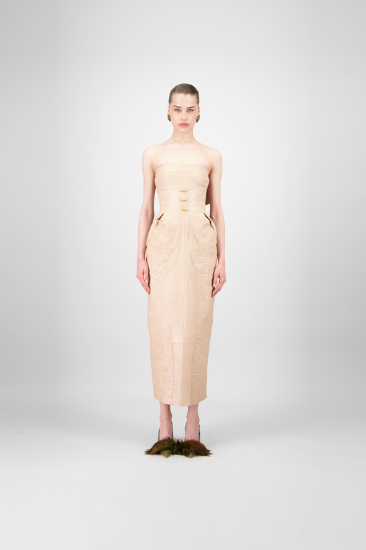 Strapless Leather Midi Dress