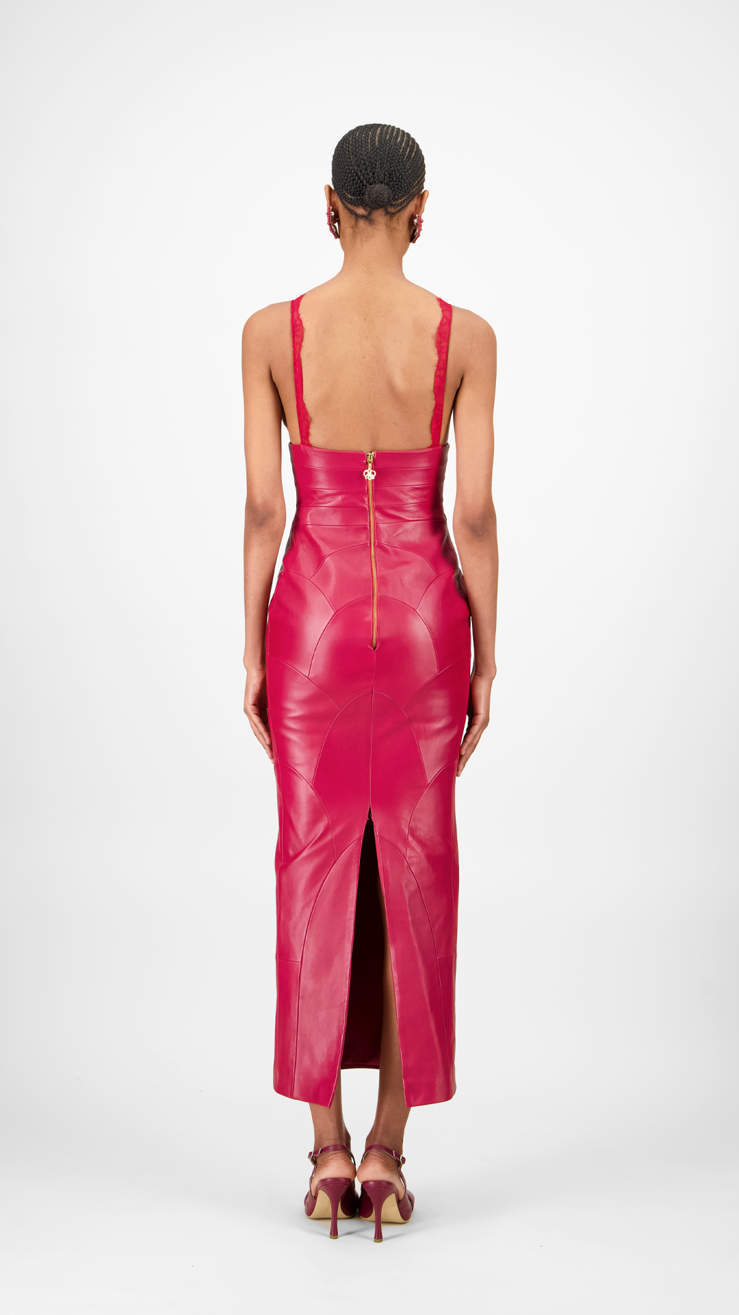 Lace-Trim Leather Midi Dress