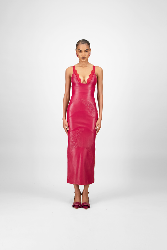 Lace-Trim Leather Midi Dress