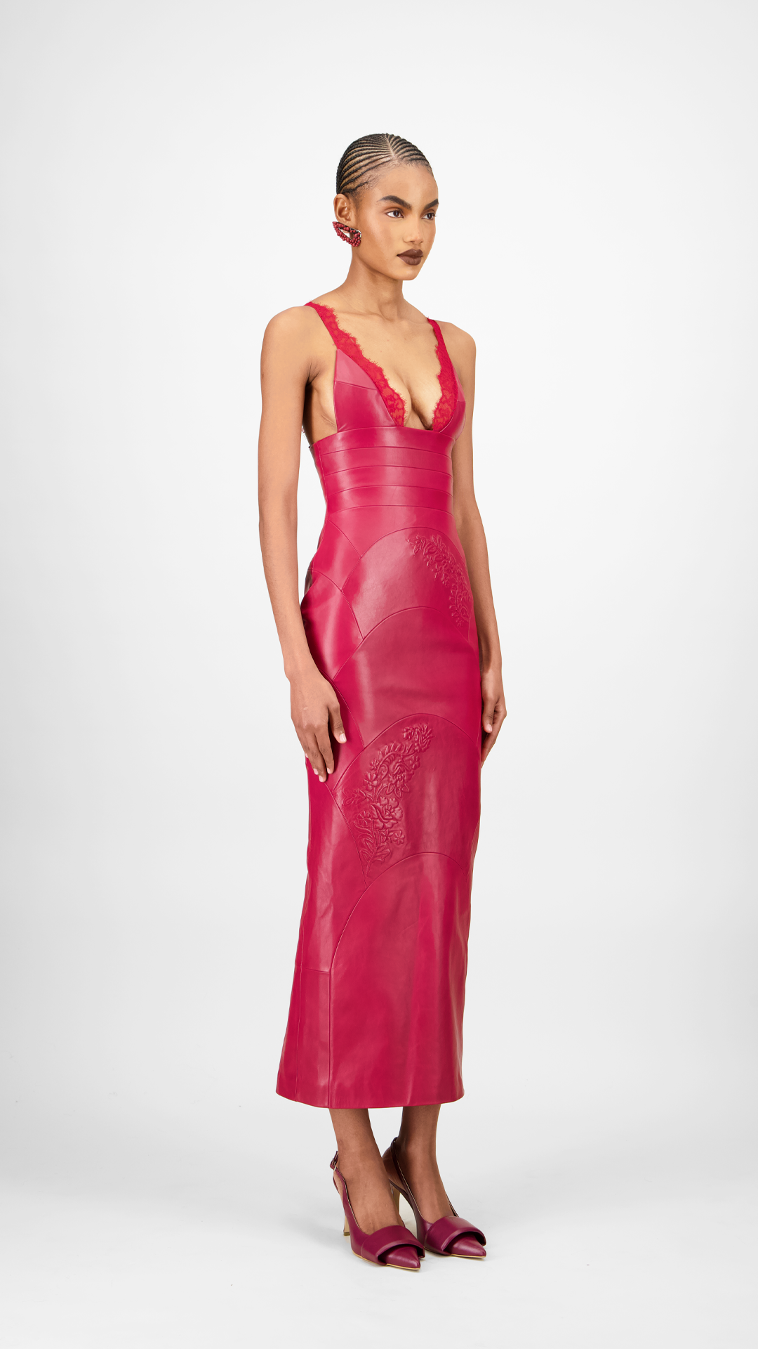 Lace-Trim Leather Midi Dress