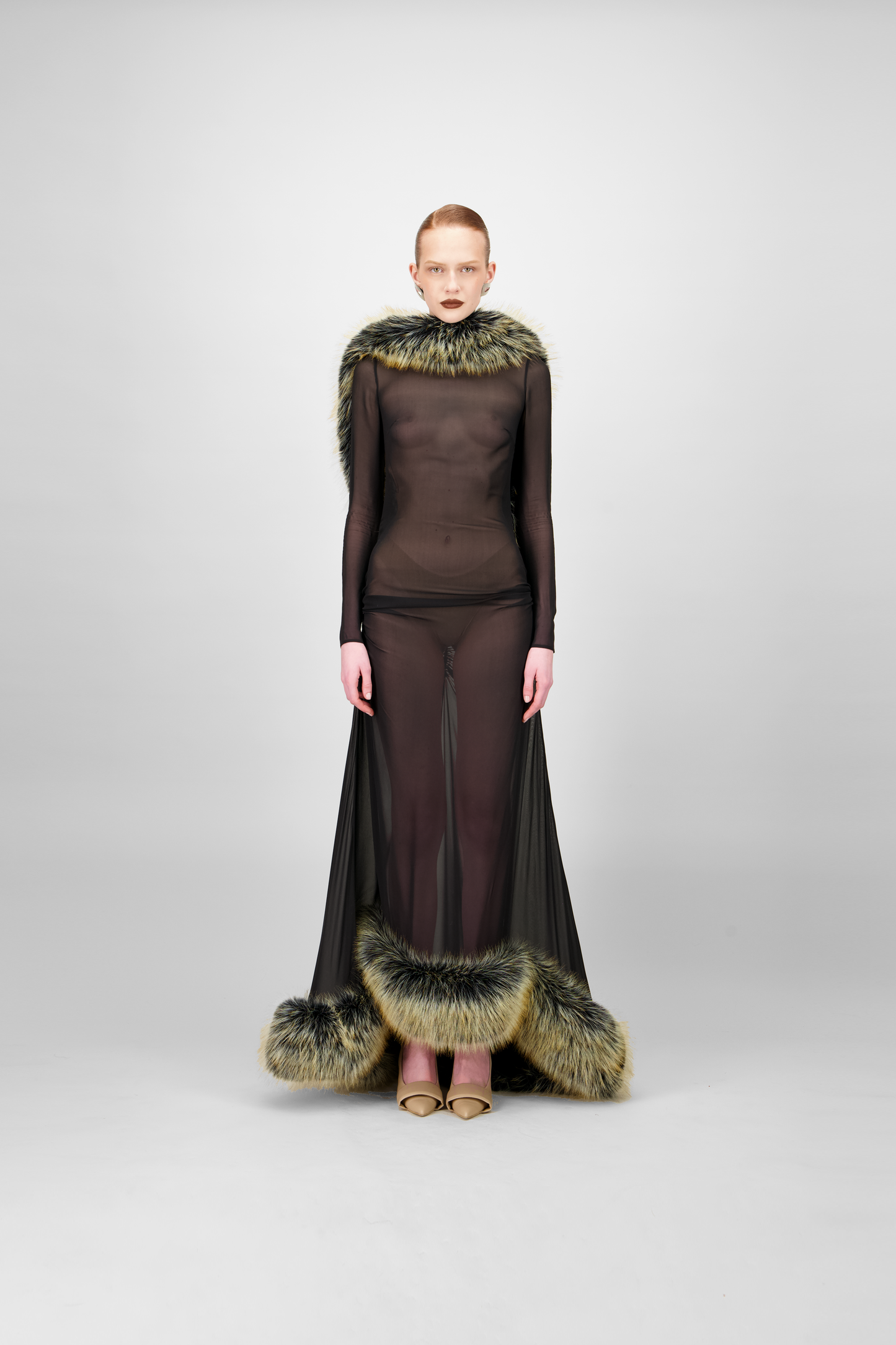 Long Sleeve Fur Midi Dress