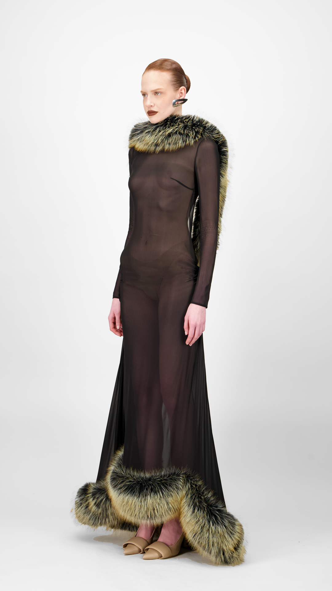Long Sleeve Fur Midi Dress