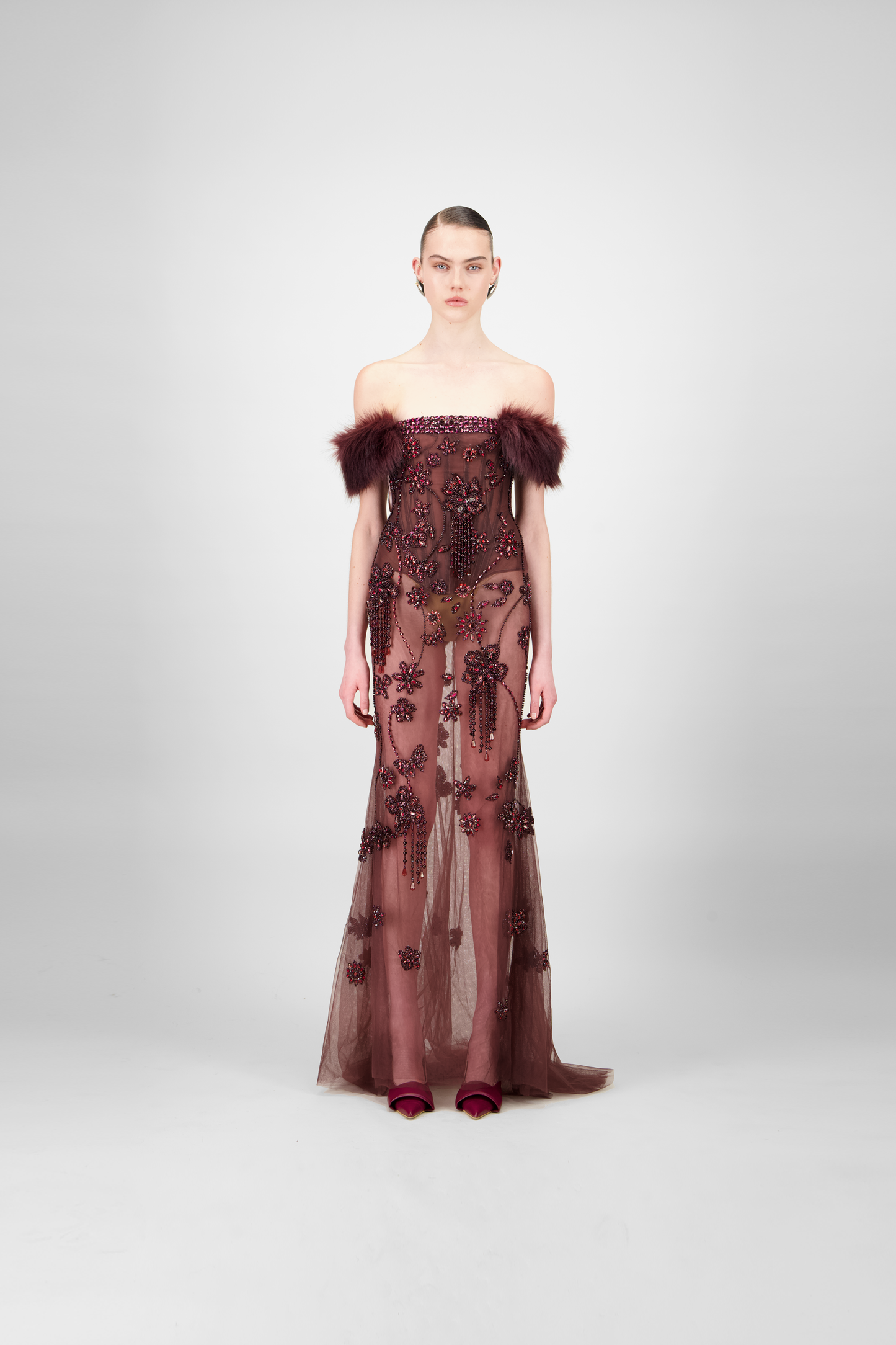 Off-Shoulder Beaded Long Dress