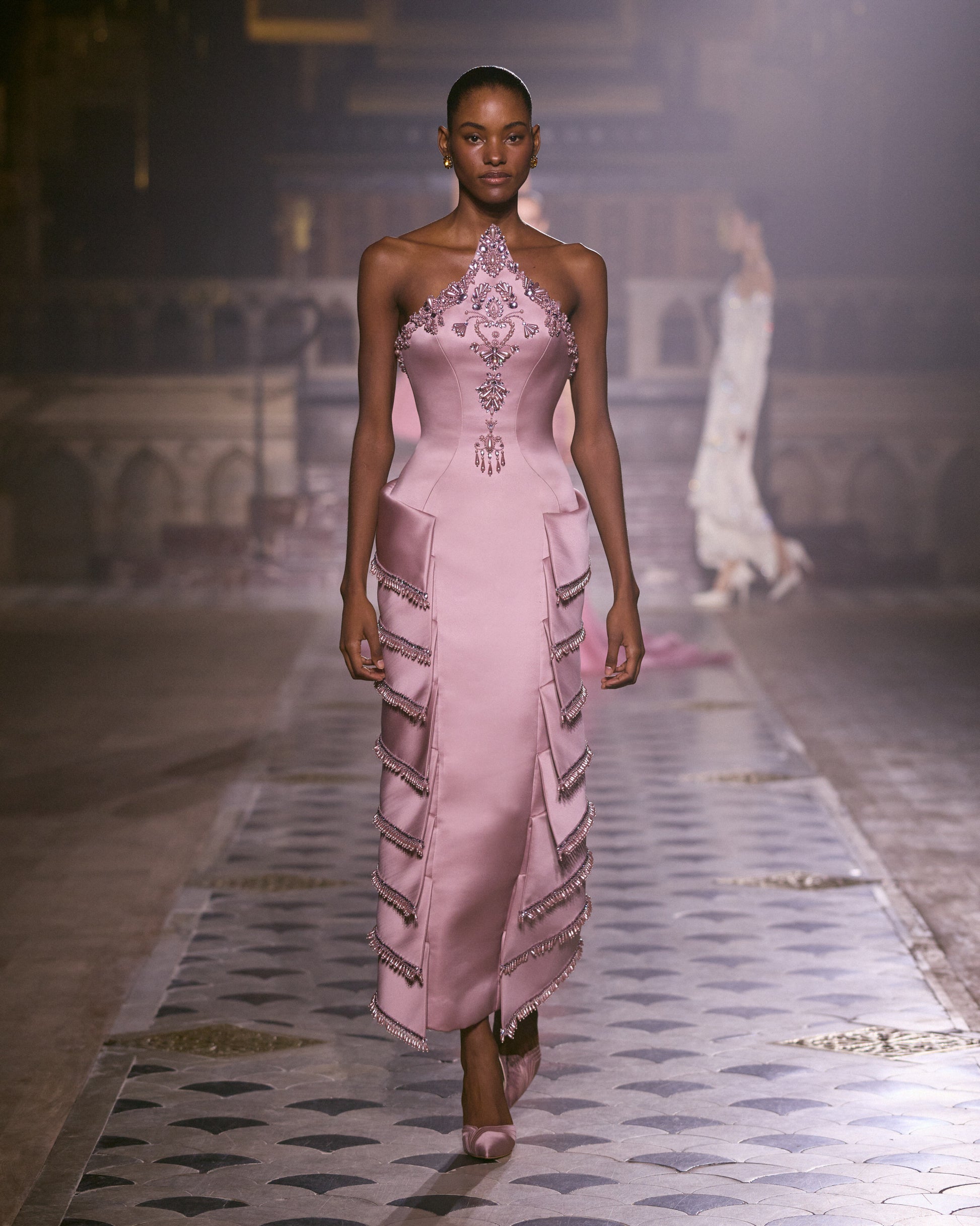 georges hobeika pink dress Georges Hobeika Asymmetric Embellished Georgette Maxi Dress in Natural