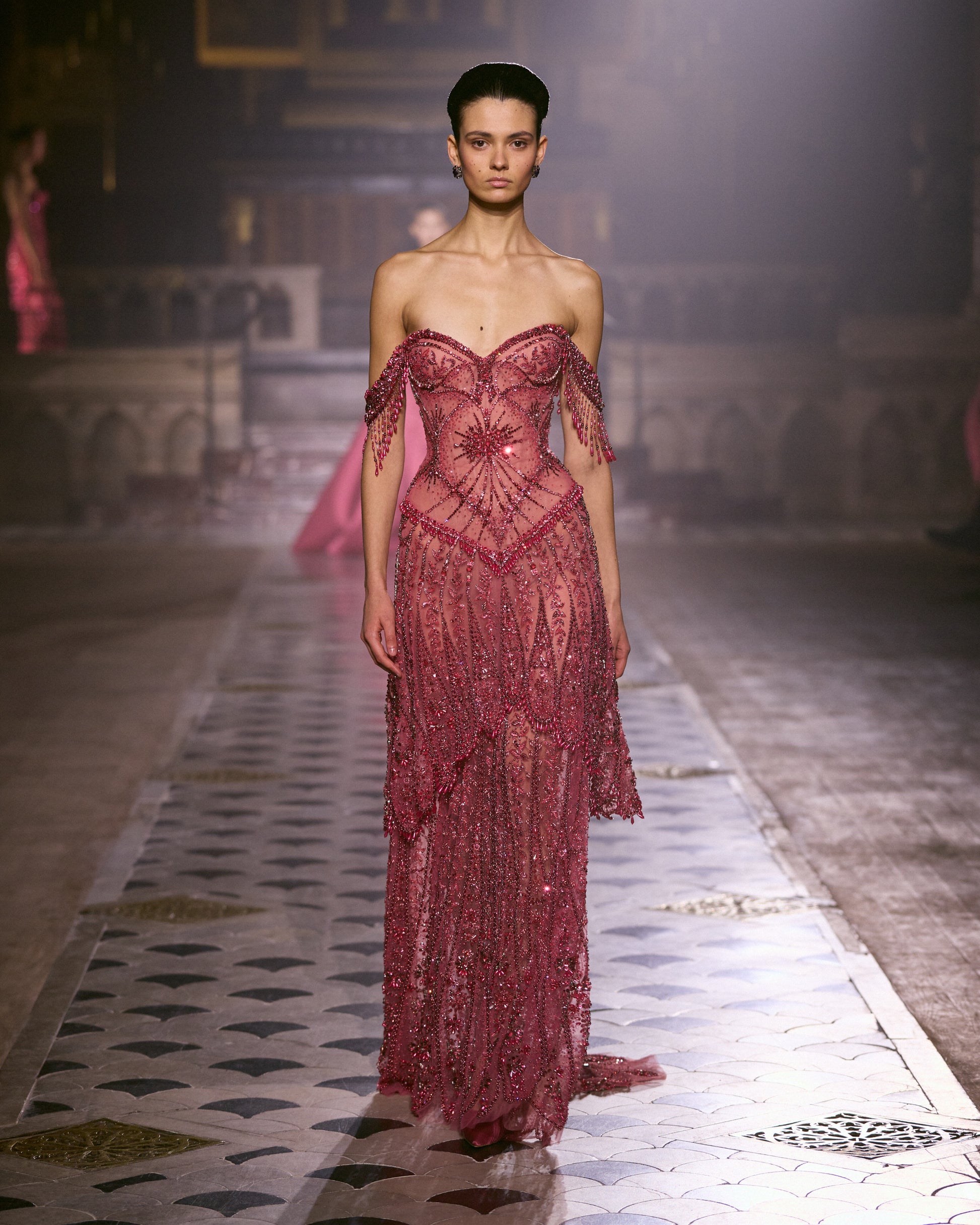 georges hobeika red dress Georges Hobeika Strapless Beaded Tulle Midi Dress With Ombre Feathers In Honeysuckle