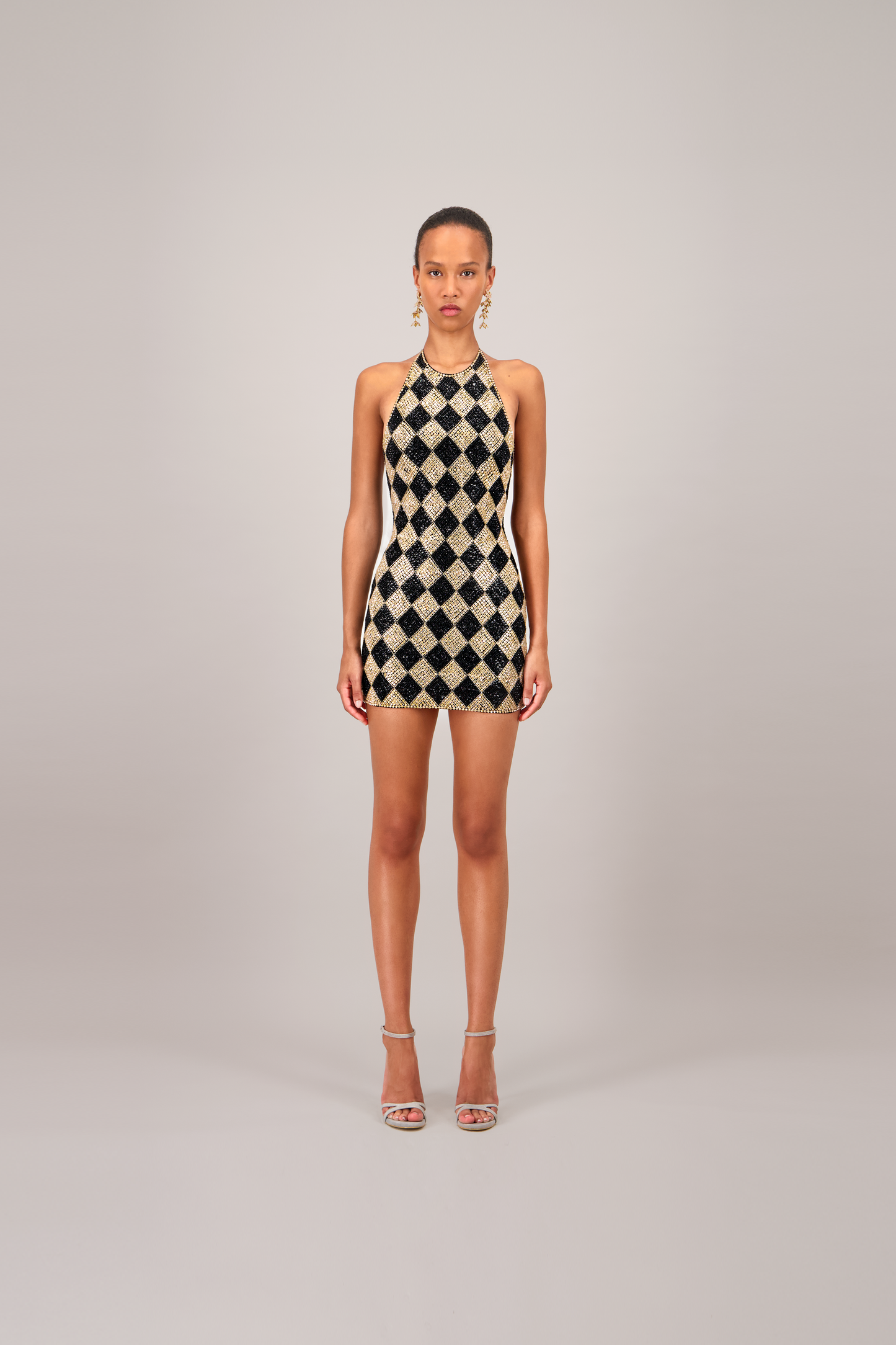Beaded Checkered Black Mini Dress