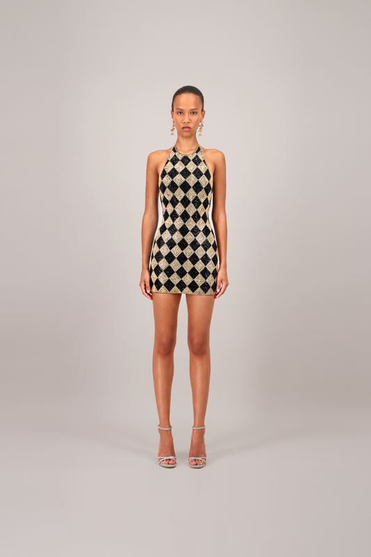 Beaded Checkered Black Mini Dress