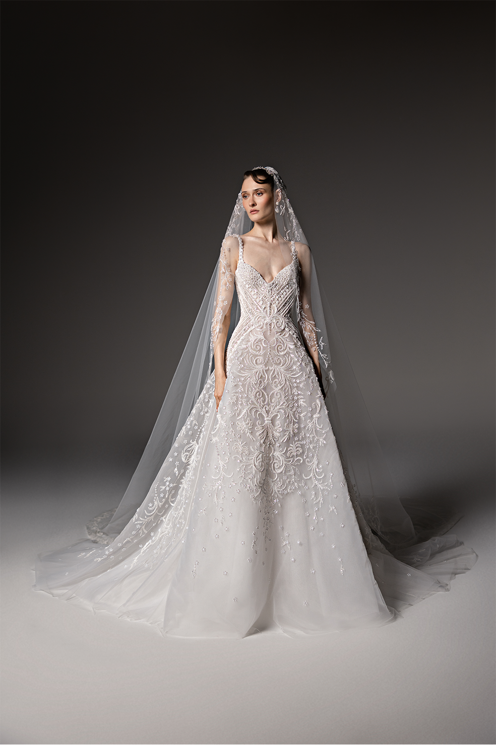V-neck bridal gown with intricate crystal embroidery, a fitted bodice, flowing tulle skirt and embroidered sheer veil.