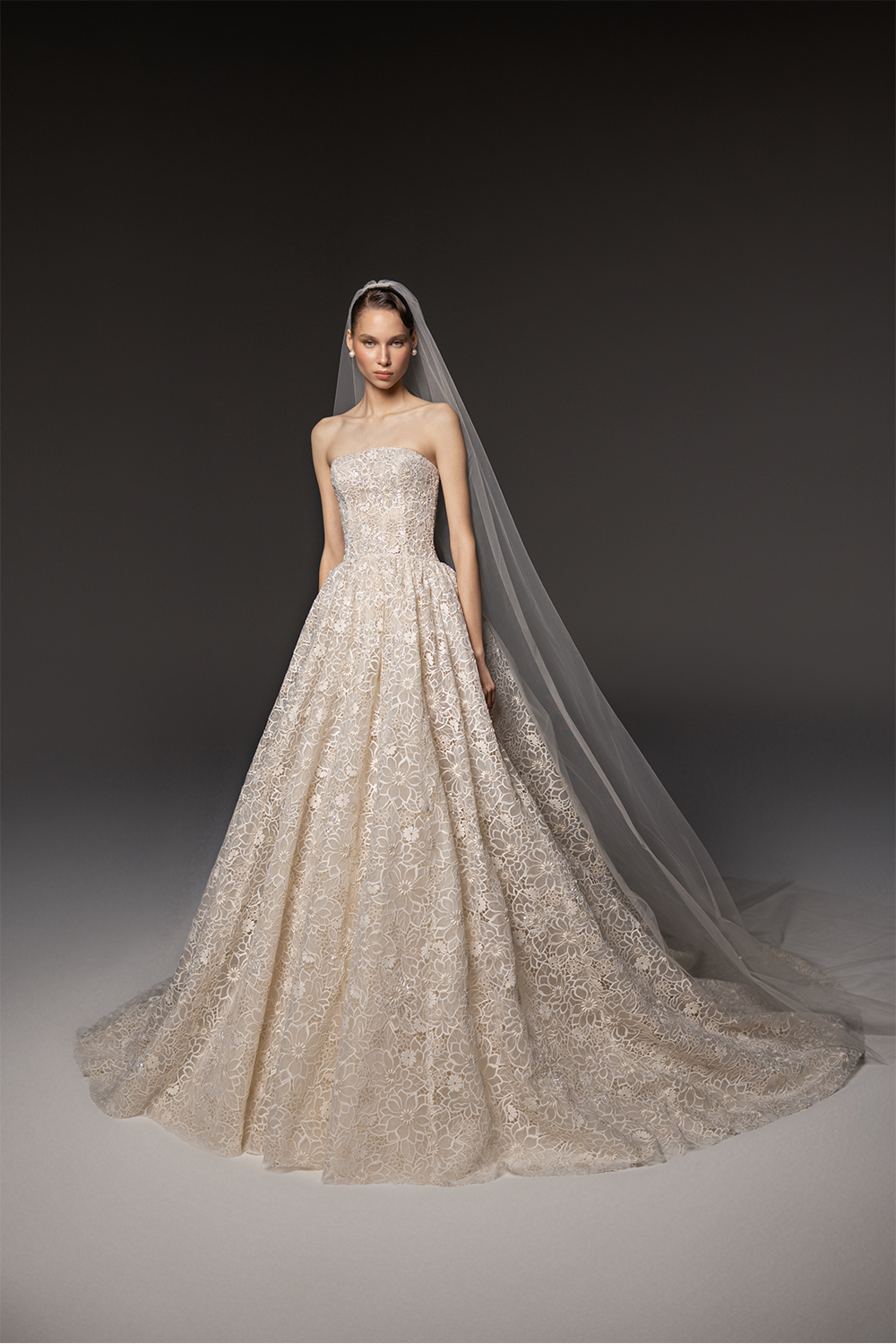 Strapless bridal gown with a sculpted bodice, all-over floral lace, voluminous floor-length skirt and sheer tulle veil.