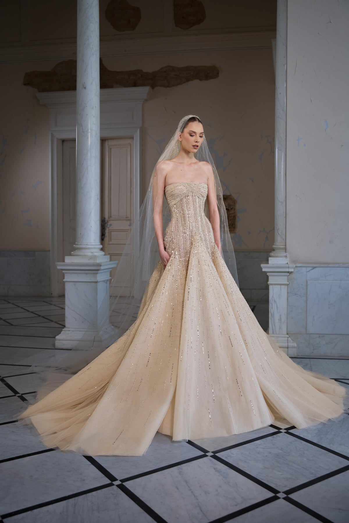 Strapless bridal gown with a sculpted embellished bodice, voluminous tulle skirt with shimmering details and sheer tulle veil.