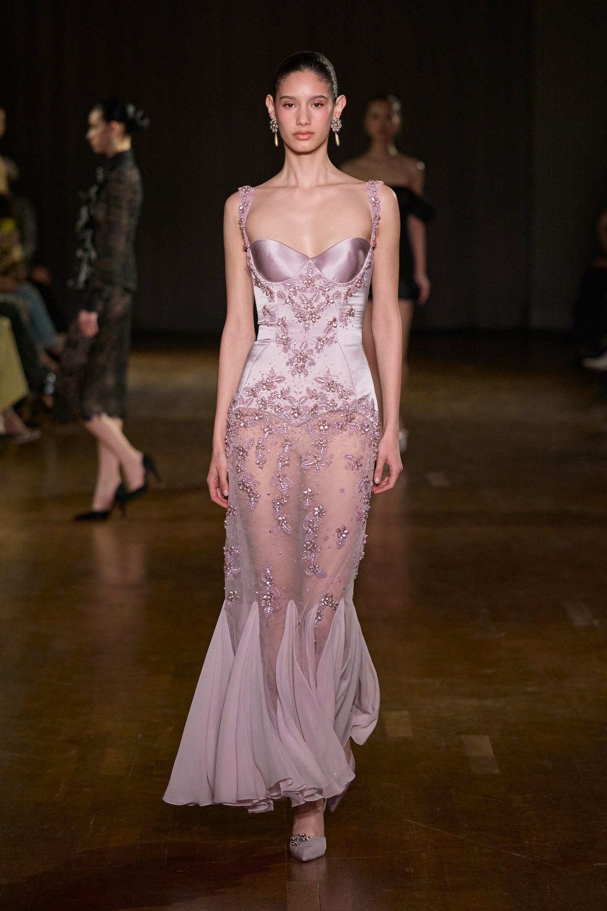 Lilac embellished maxi dress with a satin corset bodice, crystal embroidery, sheer skirt and fluid flared hem.