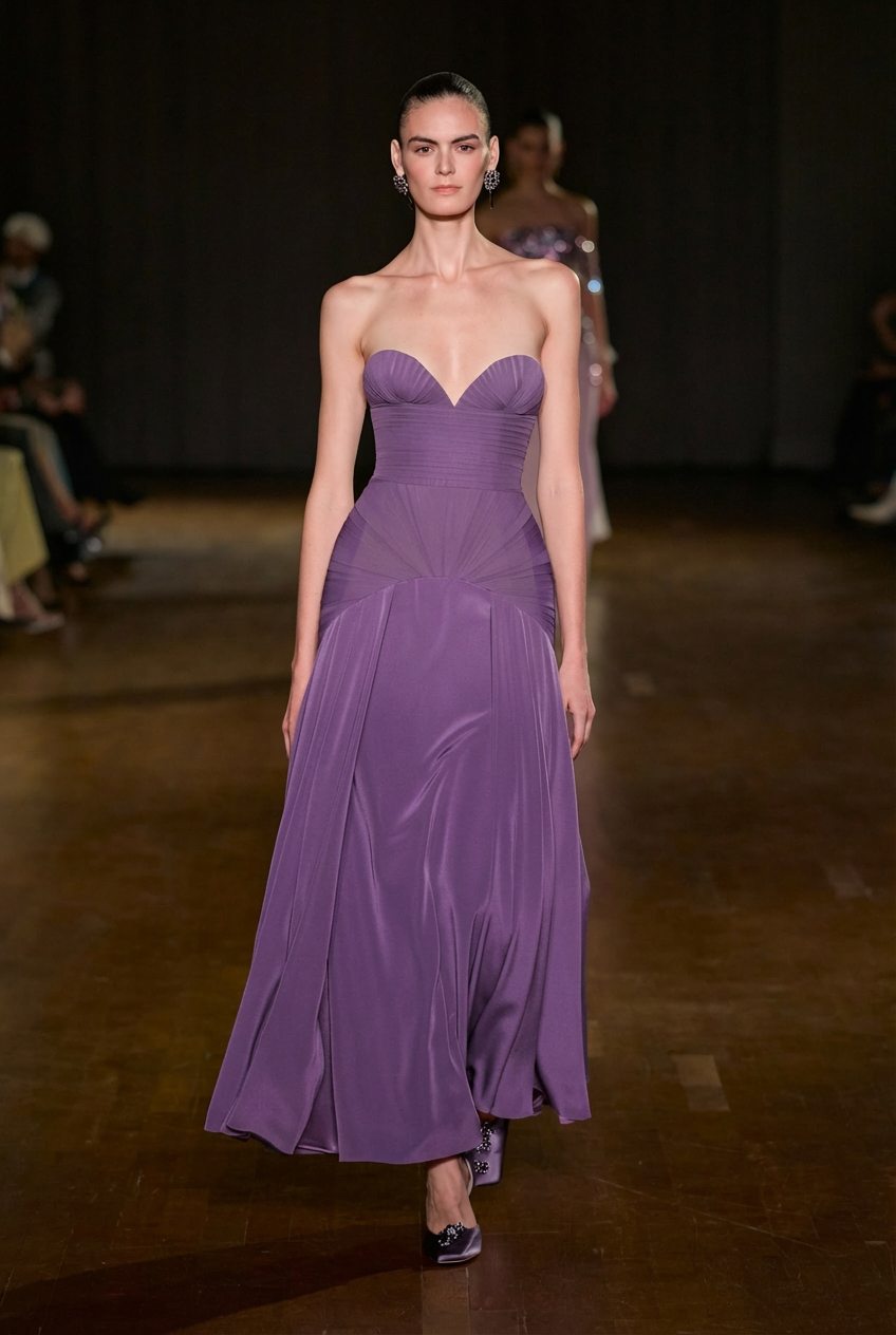 Purple strapless floor-length gown with sweetheart neckline, draped fitted bodice and flowing skirt.