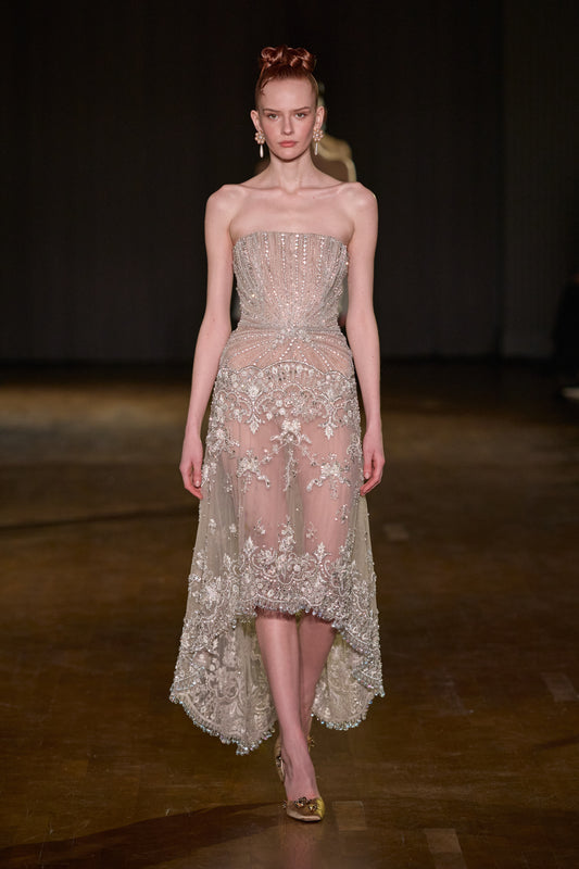 Strapless crystal-embellished dress with a fitted bodice and embroidered high-low skirt.