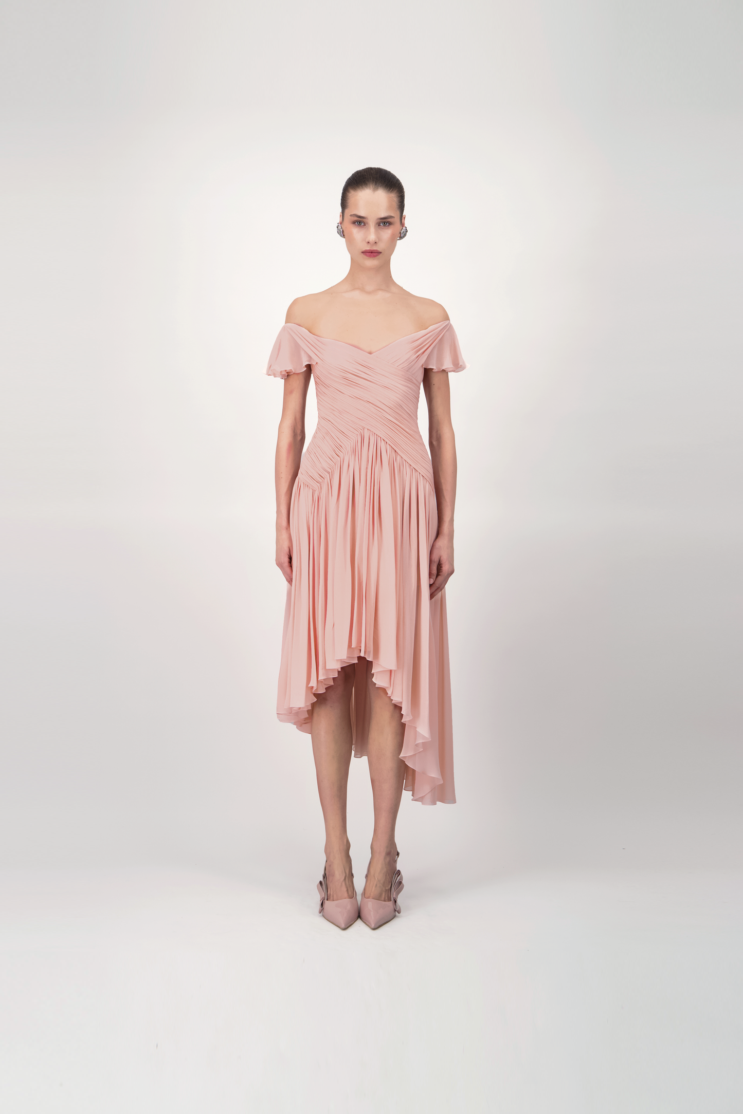Off-Shoulder Draped Midi Dress