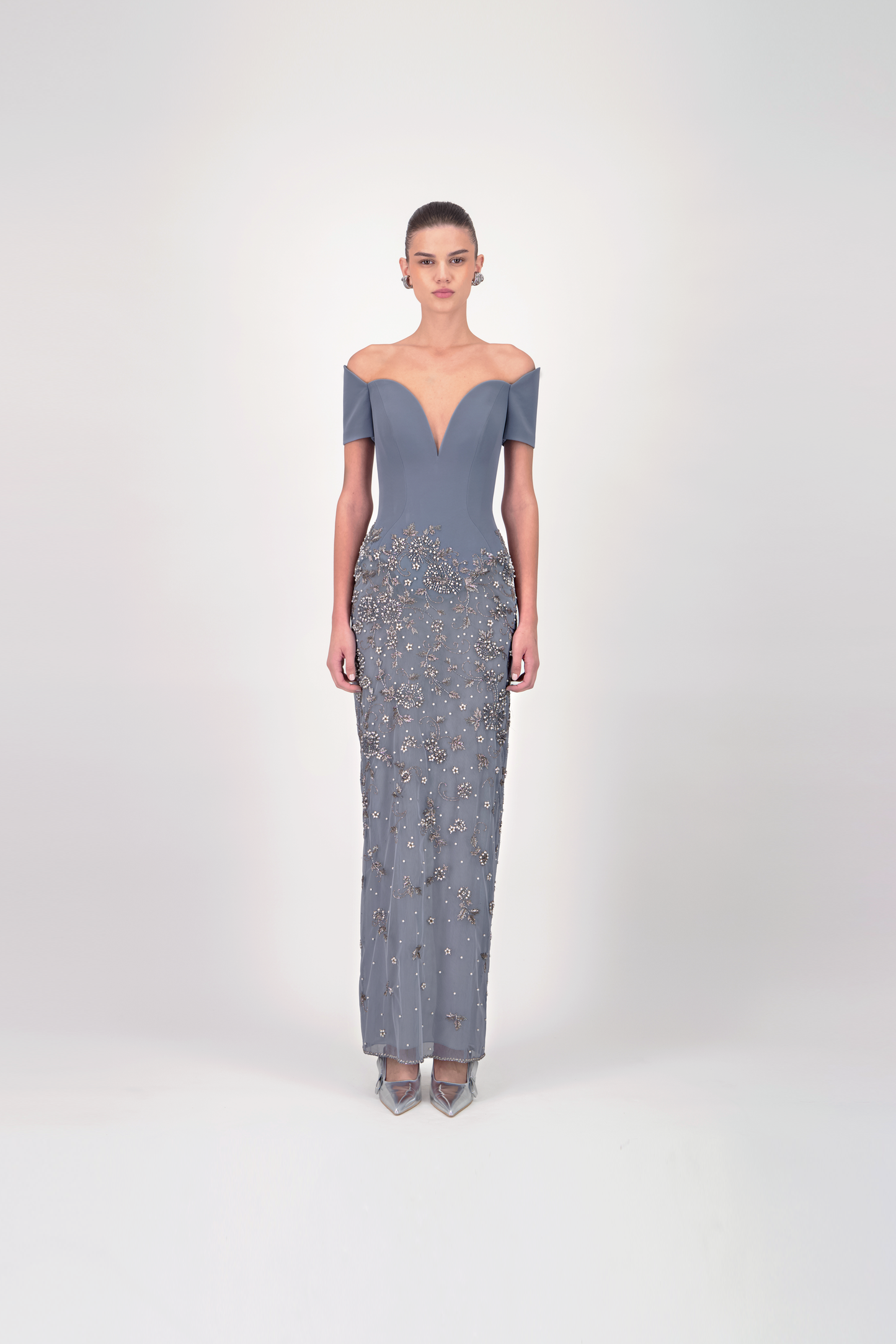 Off-Shoulder Embroidered Long Dress