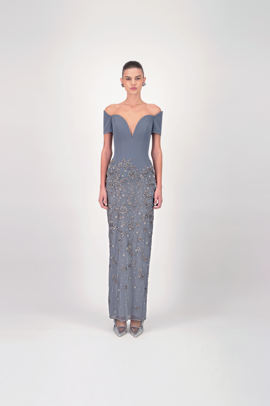 Off-Shoulder Embroidered Long Dress