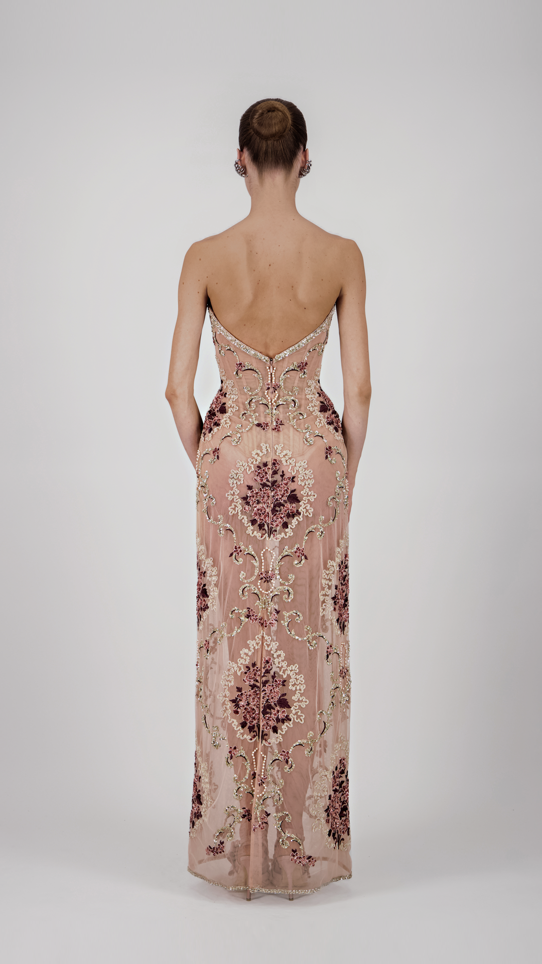 Floral Embroidered Strapless Long Dress