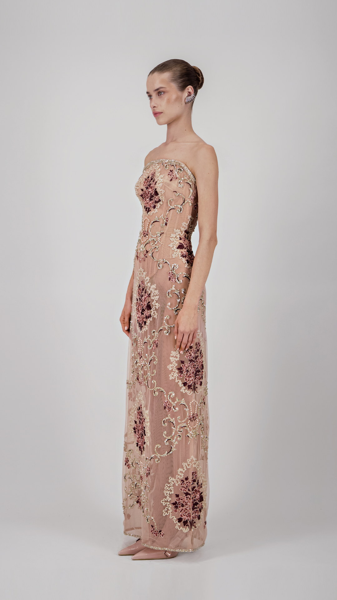 Floral Embroidered Strapless Long Dress
