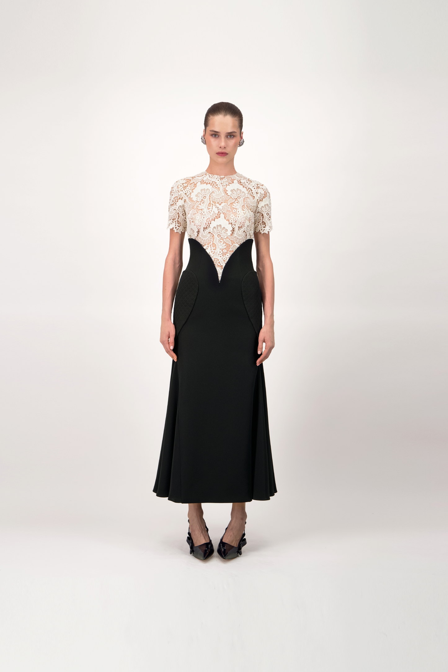 Lace Bodice Crepe Midi Dress