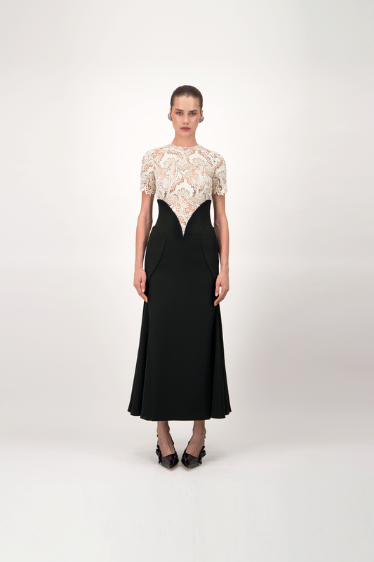 Lace Bodice Crepe Midi Dress