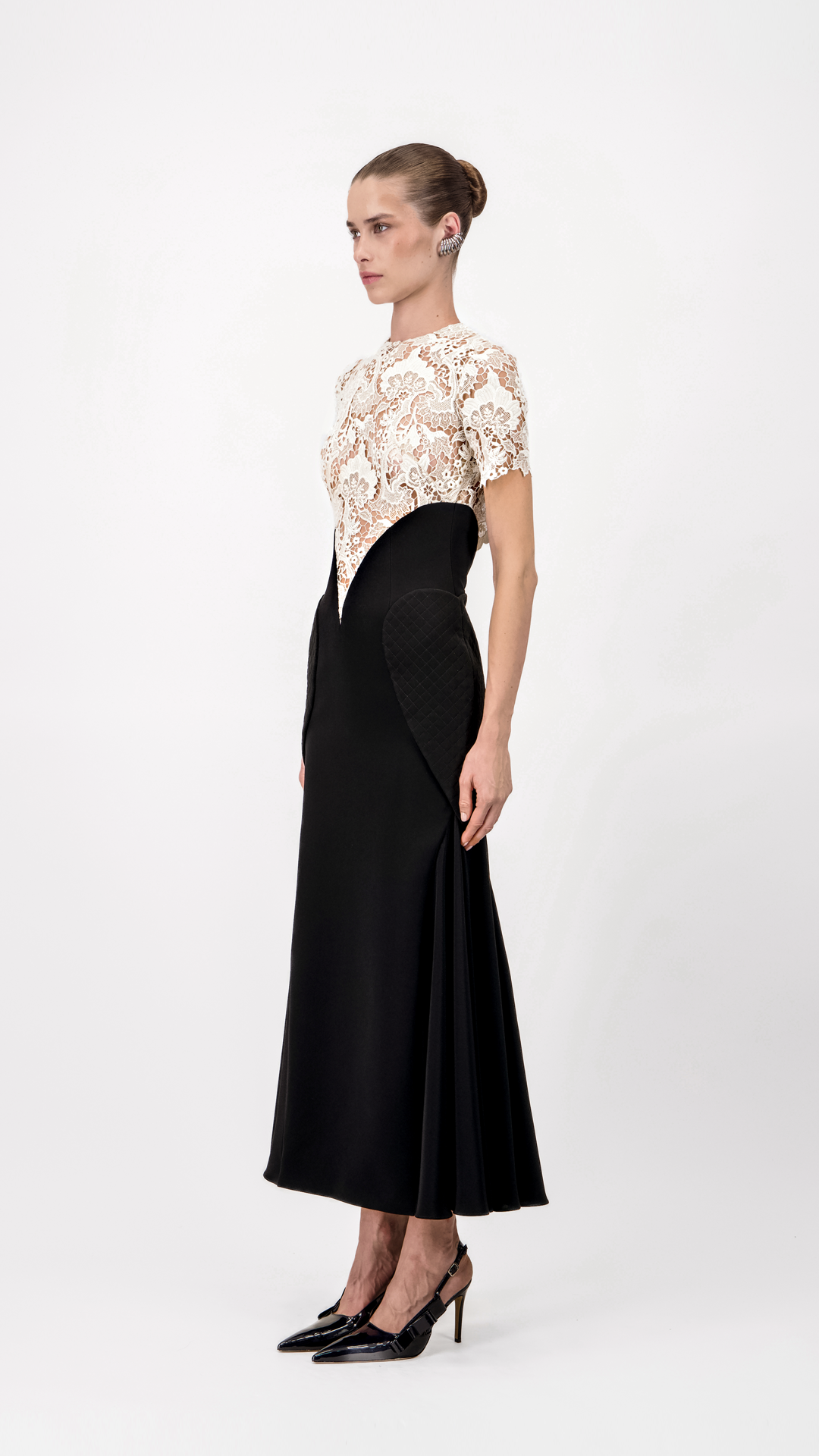 Lace Bodice Crepe Midi Dress
