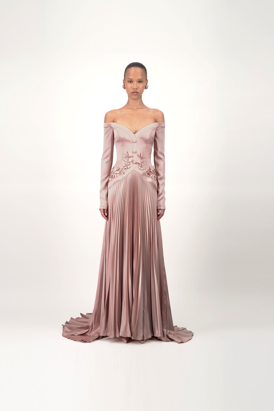Off-Shoulder Pleated Midi Dress