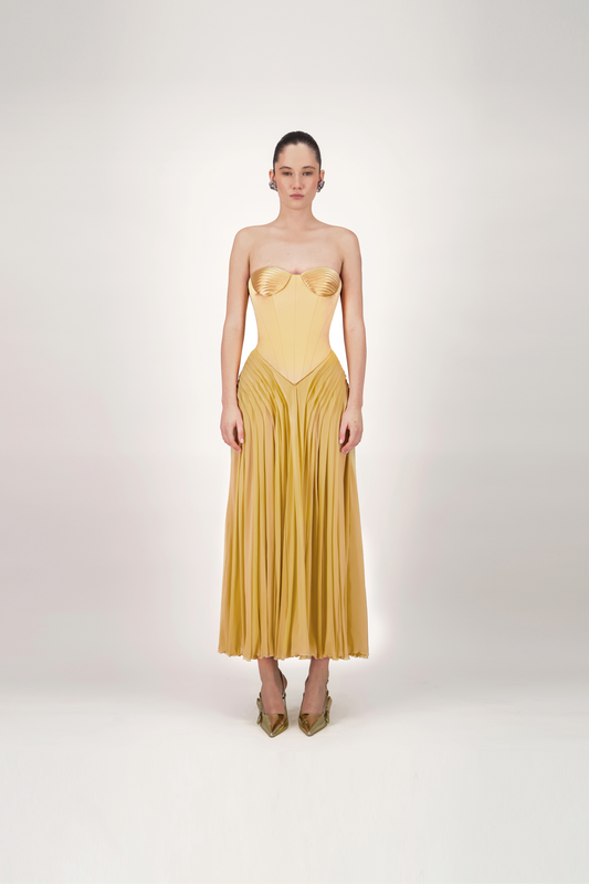 Strapless Corset Pleated Midi Dress