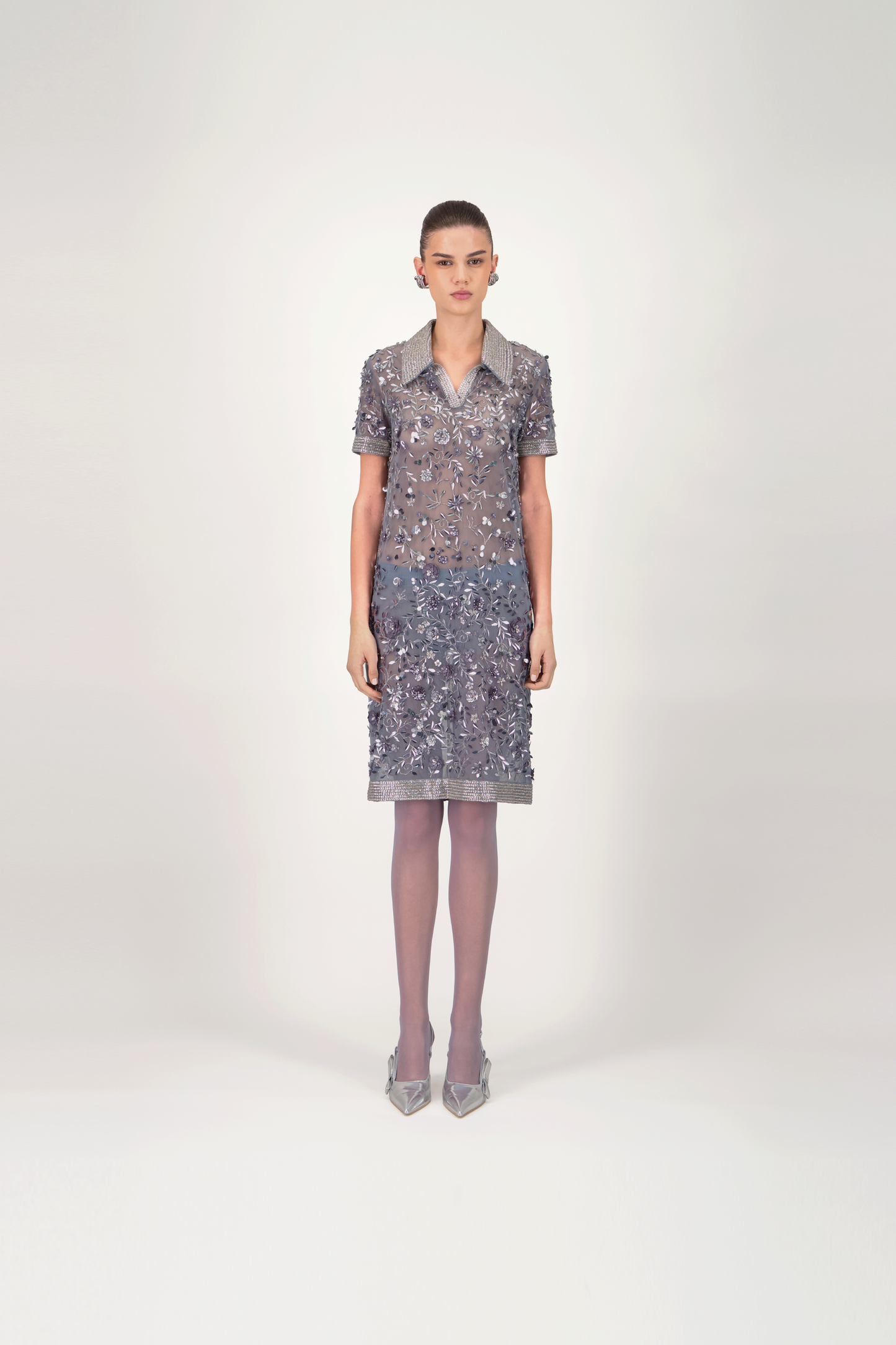Embellished Shirt Collar Short Dress