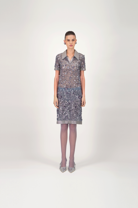 Embellished Shirt Collar Short Dress