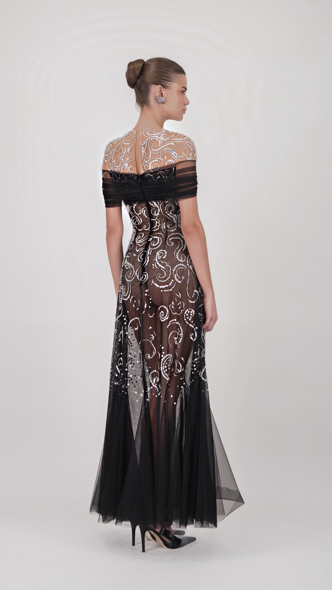 Off-Shoulder Beaded Tulle Midi Dress