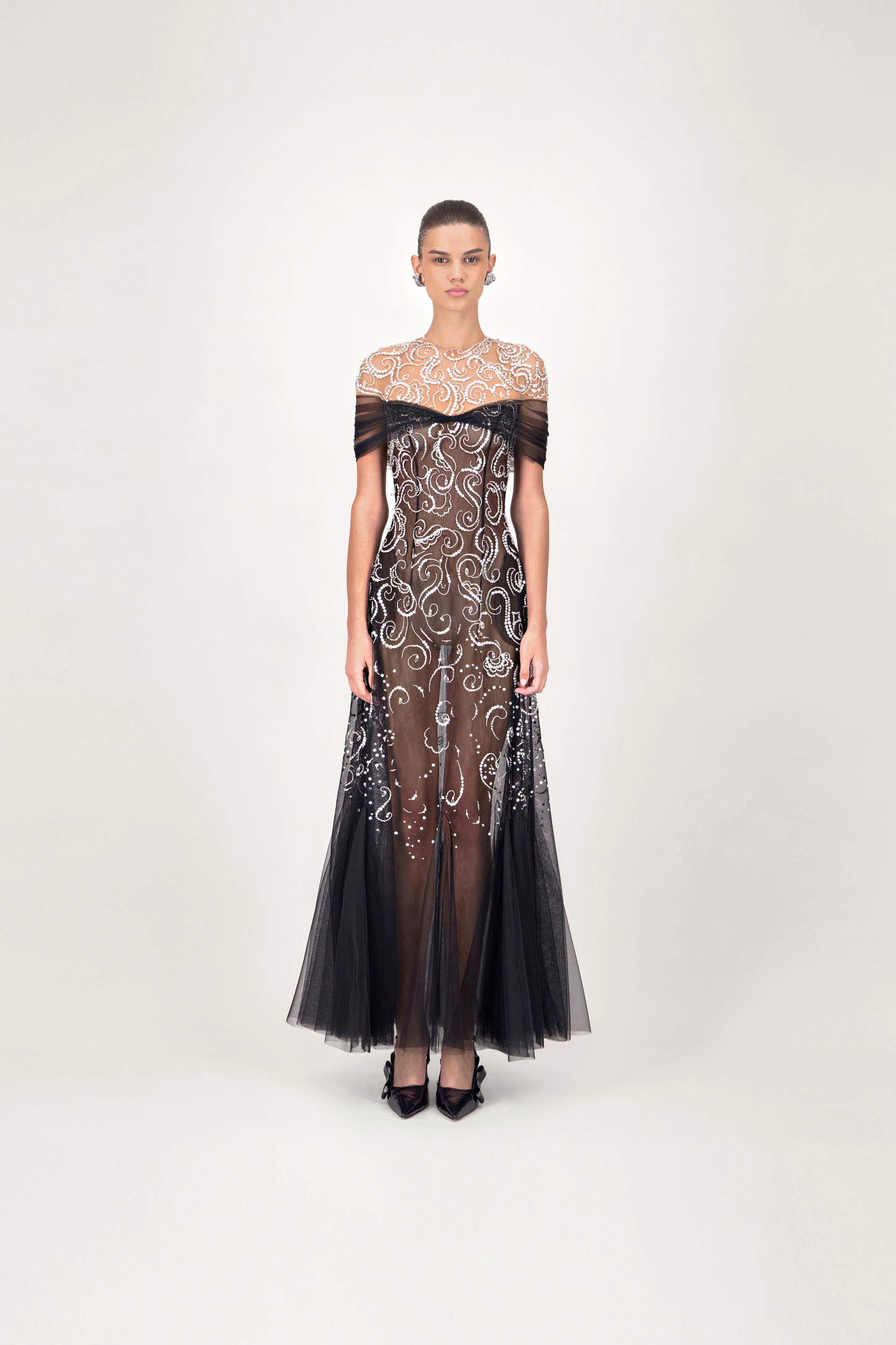 Off-Shoulder Beaded Tulle Midi Dress