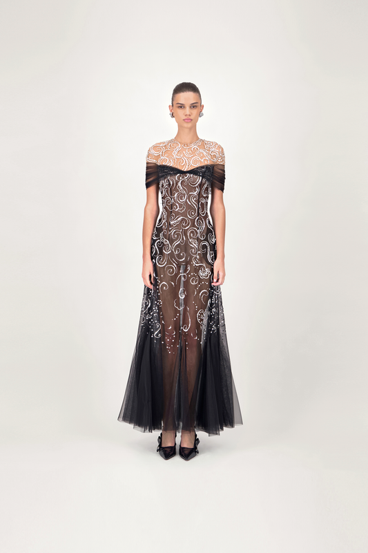 Off-Shoulder Beaded Tulle Midi Dress