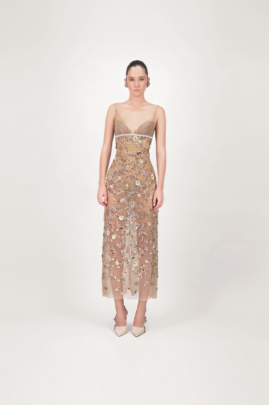 Floral Embroidered Tulle Midi Dress