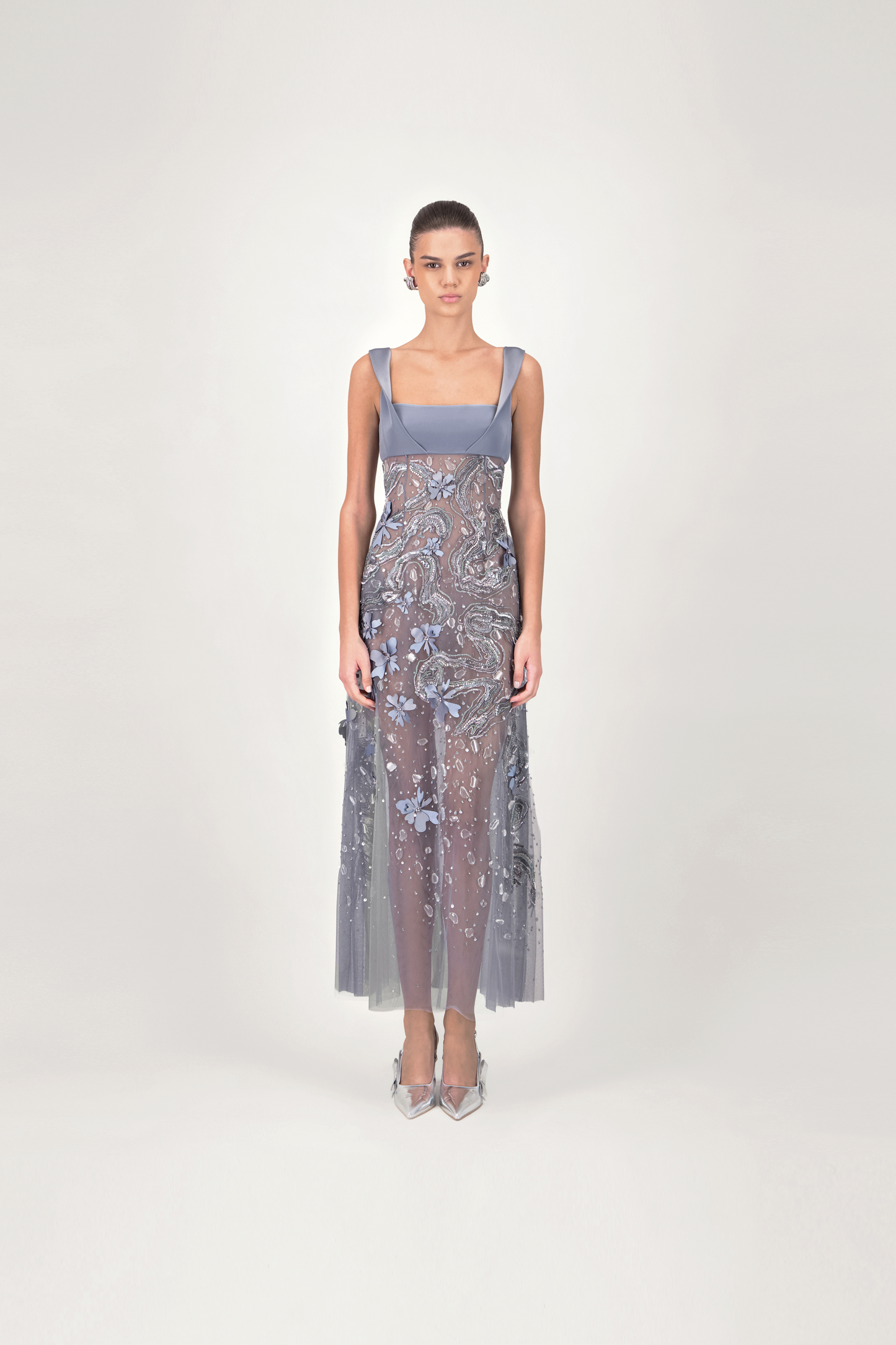 Square Neckline Embroidered Midi Dress