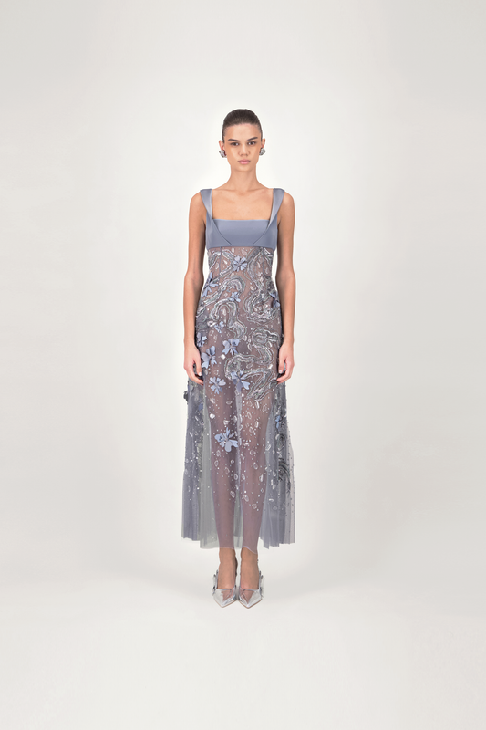 Square Neckline Embroidered Midi Dress