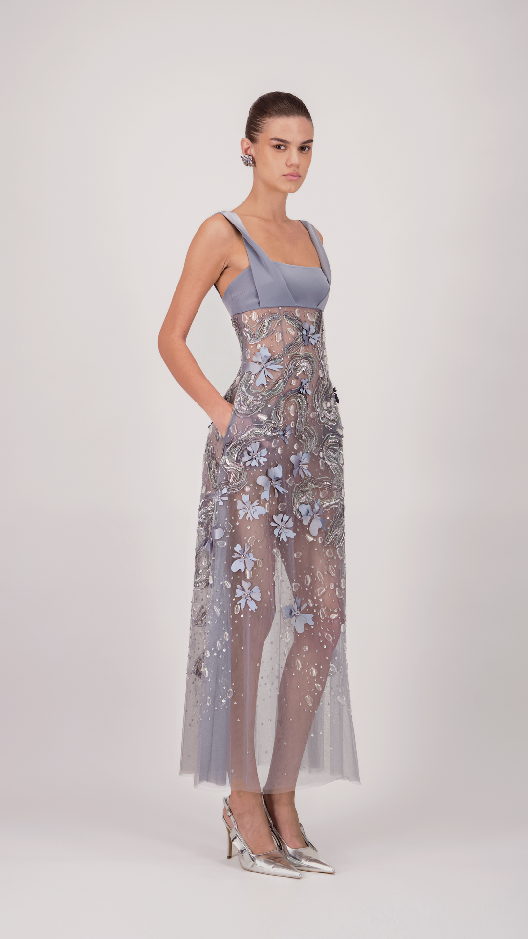 Square Neckline Embroidered Midi Dress