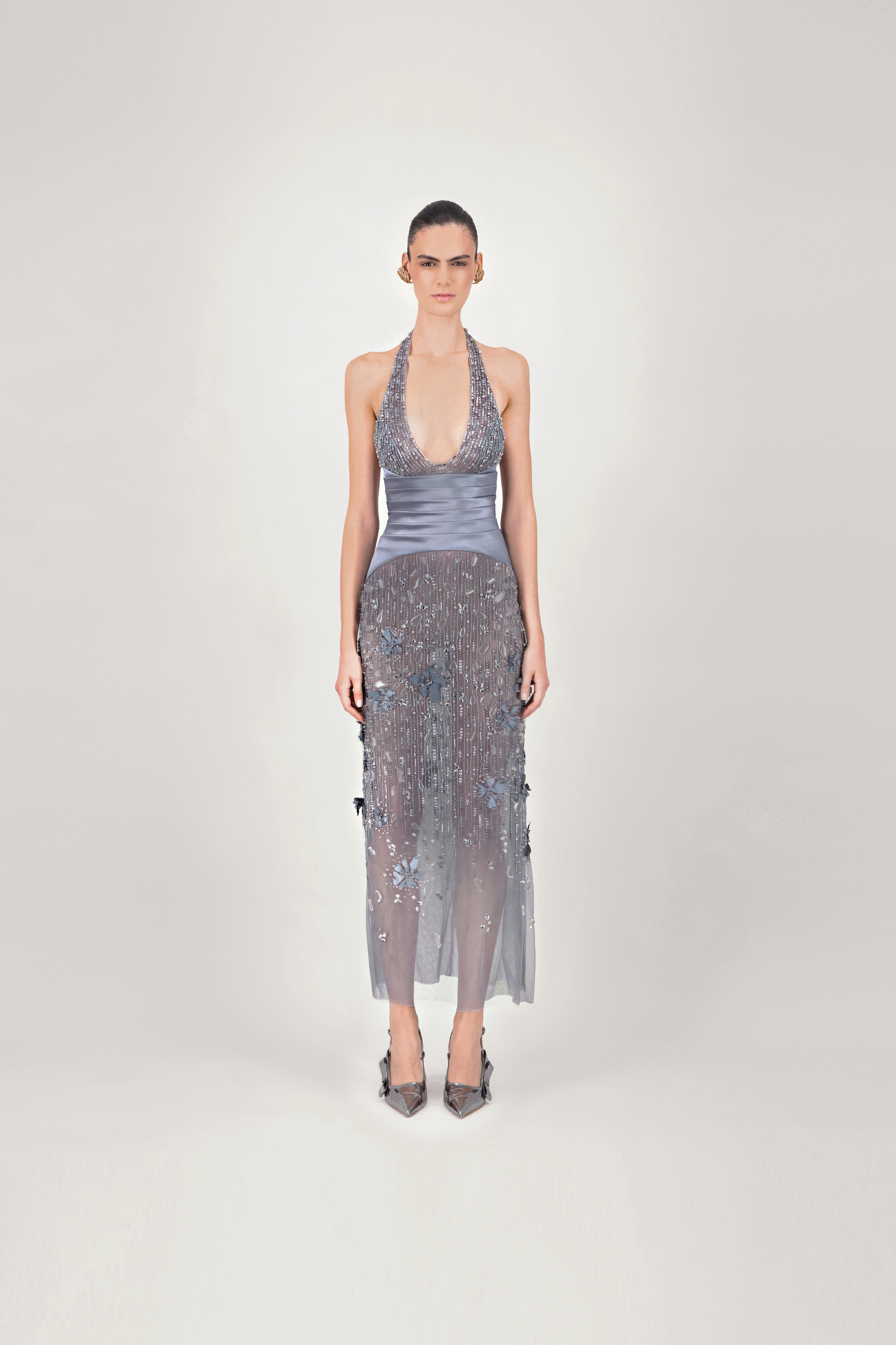Halter Neck Embroidered Midi Dress - 34 / BLUE QUARRY Halter Neck Embroidered Midi Dress - 34 / BLUE QUARRY