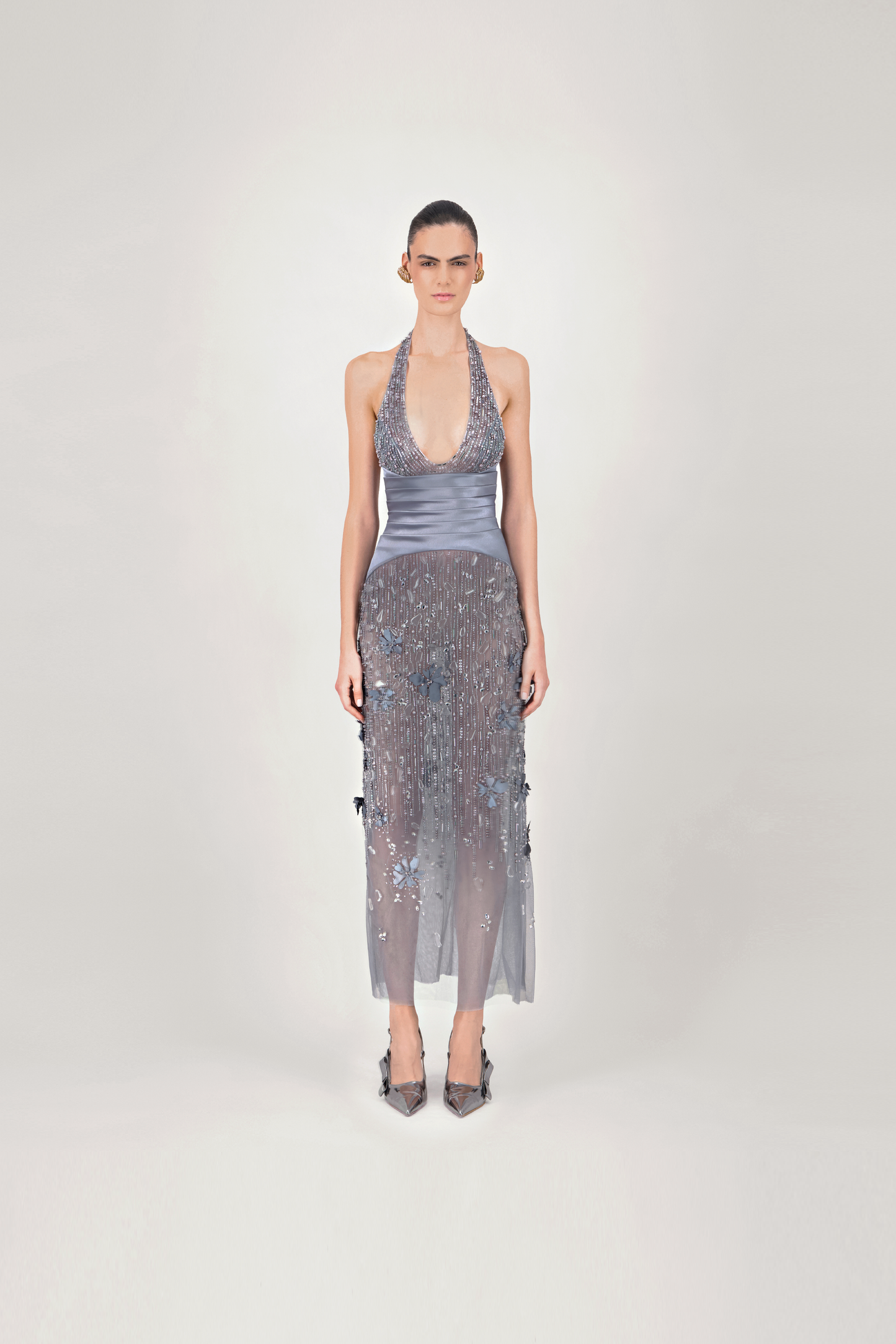 Halter Neck Embroidered Midi Dress