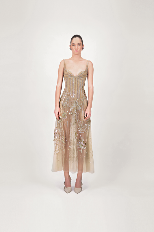 Embroidered Beaded Midi Dress