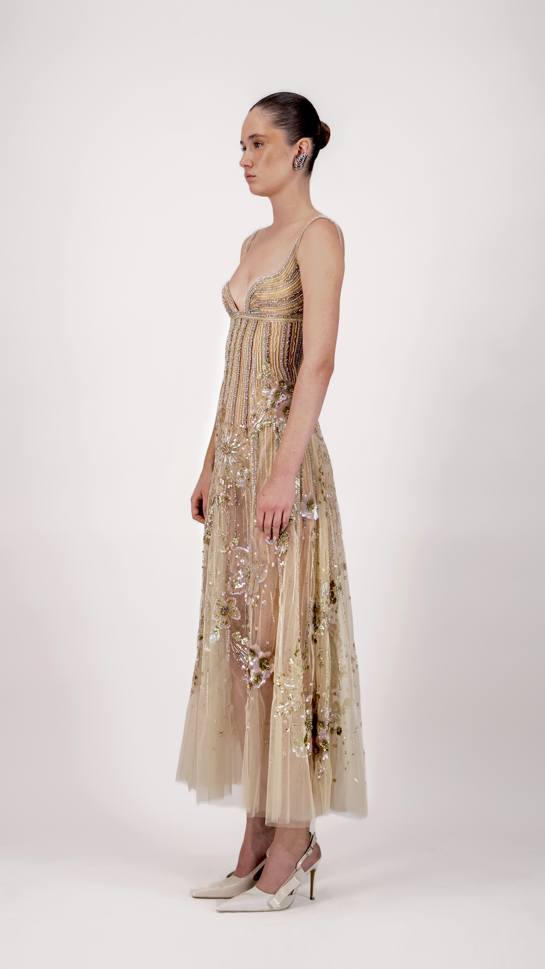 Embroidered Beaded Midi Dress