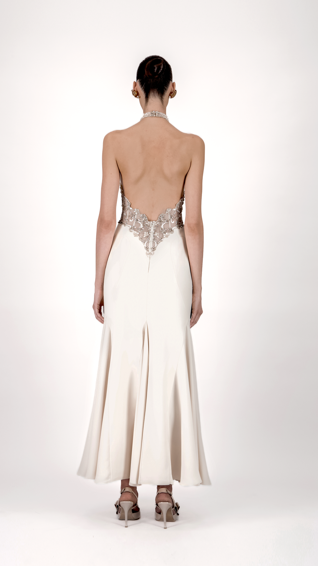Halter Neck Embroidered Crepe Midi Dress