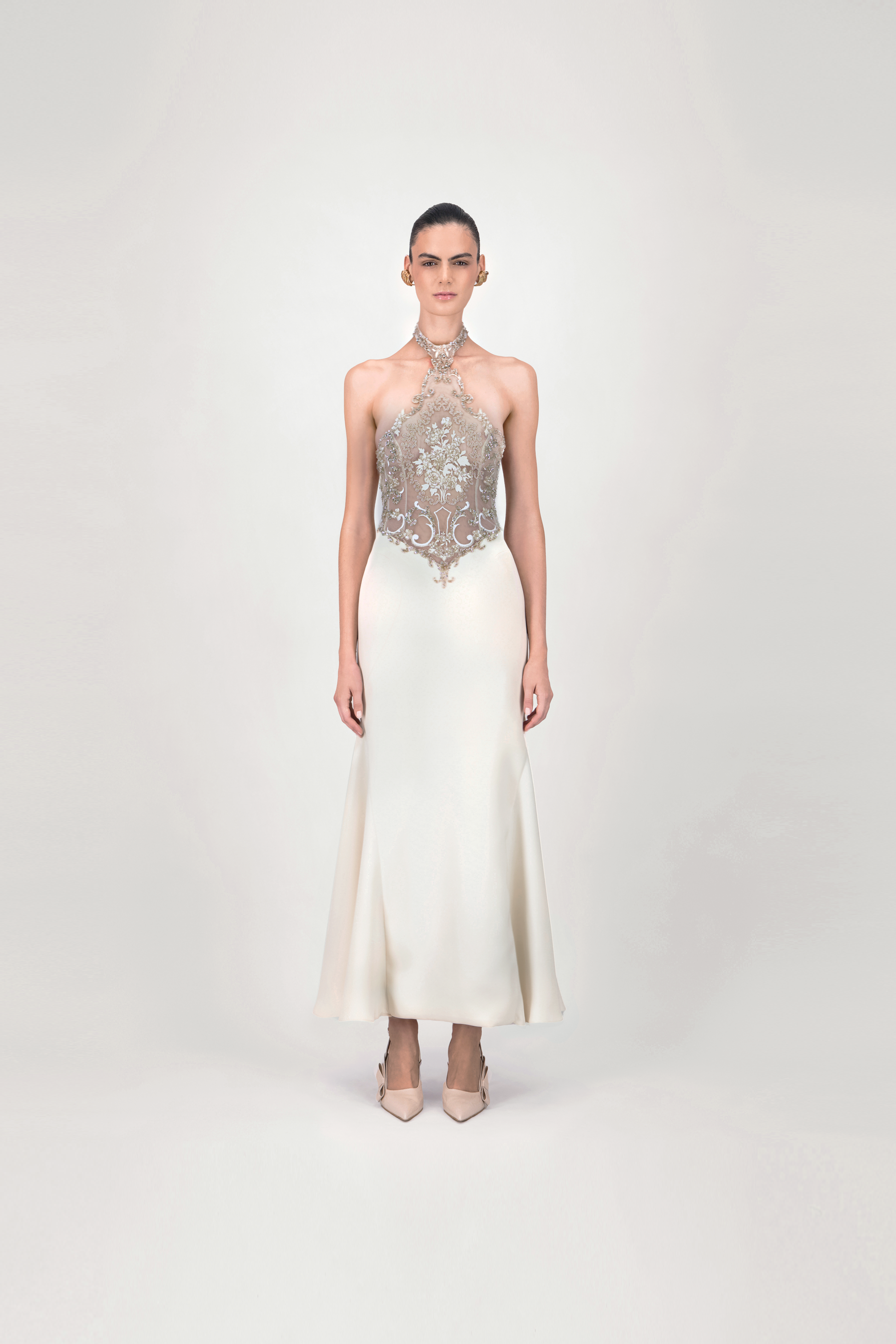 Halter Neck Embroidered Crepe Midi Dress - 34 / WINTER WHITE Halter Neck Embroidered Crepe Midi Dress - 34 / WINTER WHITE